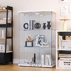 Vitrine à 3 étagères en verre avec éclairage LED, 2 portes blanches, meuble de rangement pour objet de collection