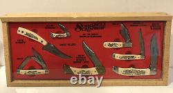 Vtg Schrade Scrimshaw 7 Couteau Stand Up Store Display Case 1980s Great American