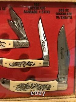 Vtg Schrade Scrimshaw 7 Couteau Stand Up Store Display Case 1980s Great American